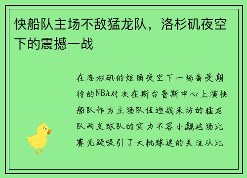 快船队主场不敌猛龙队，洛杉矶夜空下的震撼一战