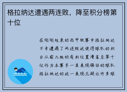 格拉纳达遭遇两连败，降至积分榜第十位